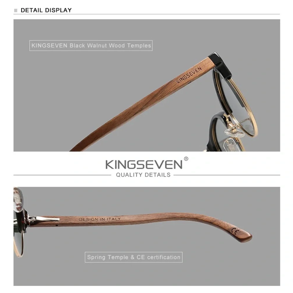 KINGSEVEN Handmade High Quality Black Walnut Sunglasses Polarized UV400 Shade - Picture 4 of 7